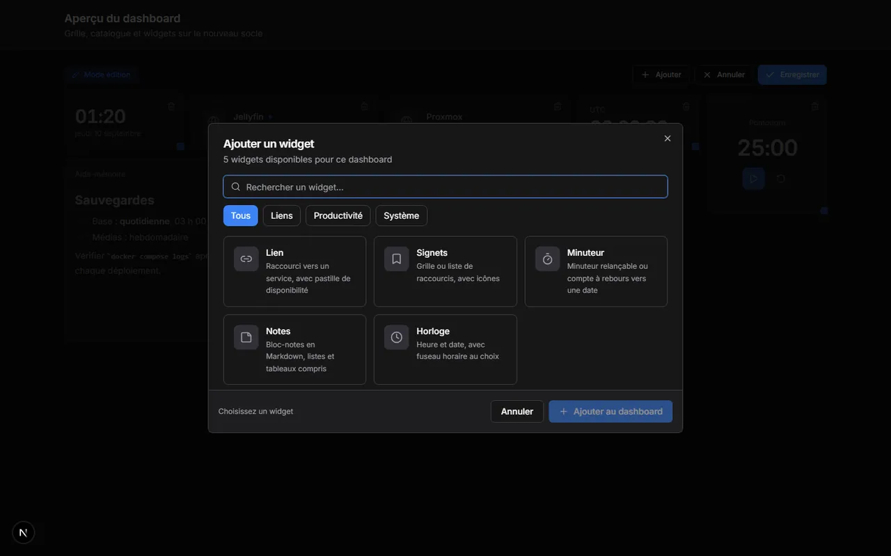 Catalogue des widgets disponibles